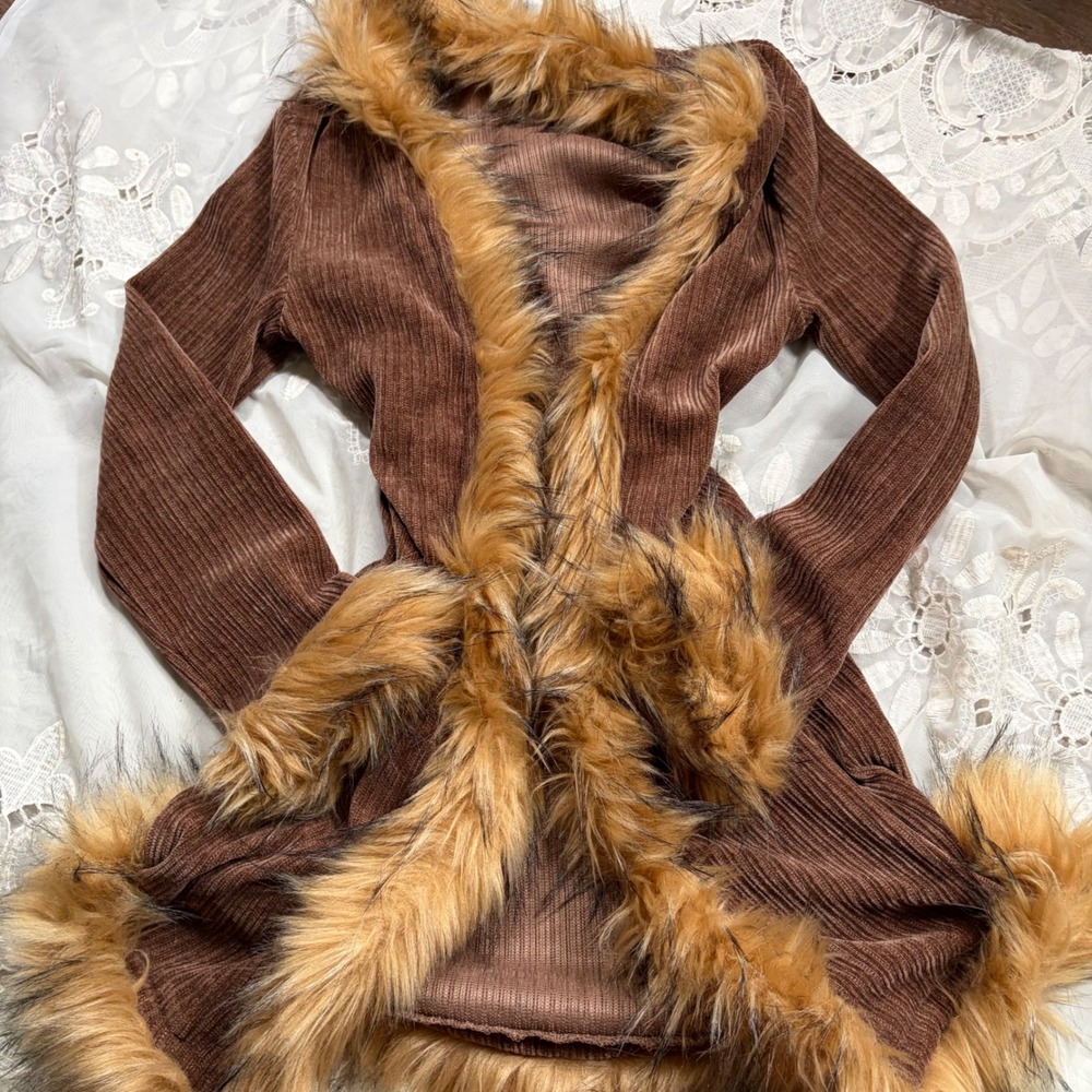 Y2K Brown Ribbed Faux Fur Trim Open Front Cardigan Longline Jacket Boho